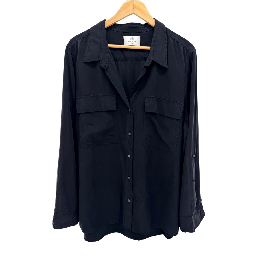 Aritzia Babaton Black Roll Tab Utility Button Down Shirt Blouse XL Quiet Luxury